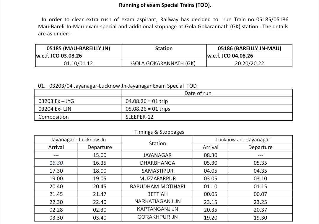 RailwayNorthern's tweet photo. In order to clear extra rush of exam aspirant, Railway has decided to  run Train no 05185/05186 Mau-Bareli Jn-Mau exam special and additional stoppage at Gola Gokarannath (GK) station . The details are as under: - https://t.co/rqCoB4kOud