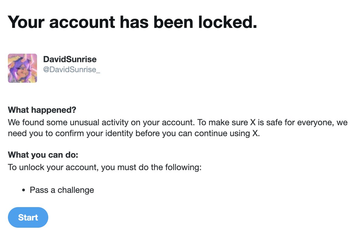 DavidSunrise_'s tweet photo. Quick shout out to this incredibly helpful and not at all intrusive account locking mechanism that has been persistently flagging me for having the audacity of attempting to use this site normally. Got to be one of my favorite genders. https://t.co/CJrvlIGZA4