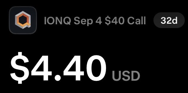 SirBaronPhoenix's tweet photo. $IONQ | 4 Eylul vadeli, $4.40’dan aldigim CALL kontrati, suanda $5.80. $41 seviyesi korundugu surece kontrati tutmaya devam edecegim. https://t.co/wk3Cxgv9vu