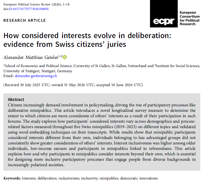 AlexMGeisler's tweet photo. ❗️✍️As the legitimacy of elections is challenged, can deliberative minipublics deliver? My new open-access paper in the @EPSRjournal tests one of their biggest promises: getting people to weigh others’ interests, not just their own. #demoinno #polisci 🗣️
👇 https://t.co/ZPekW31pL8