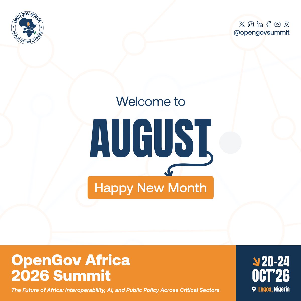 OpenGov_Summit's tweet photo. August is here, and so is the countdown to our summit.

The future of African governance needs YOU.

Visit this link for more: https://t.co/urfN10nINE

#OpenGovAfrica #GovTech #Interoperability #ArtificialIntelligence #PublicPolicy #August #HappyNewMonth https://t.co/Ifk5v7uQDb