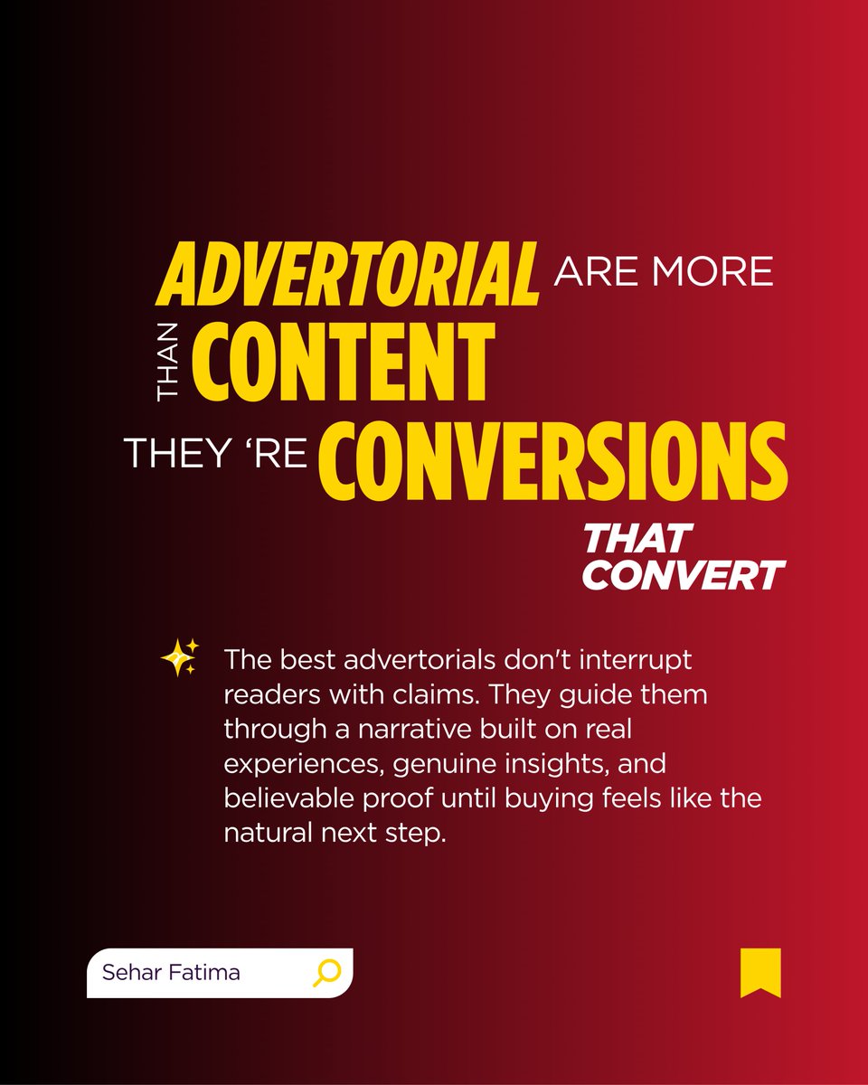SeharFDRC's tweet photo. Advertorial is the hardest form of copywriting.

Not because the words are hard to write.

Because the proof has to hold up.

Every claim backed by research.

Every angle tested against the reader's doubt.

I build a case.

Line by line, until the winning point isn't argued. https://t.co/4po68To7Kv