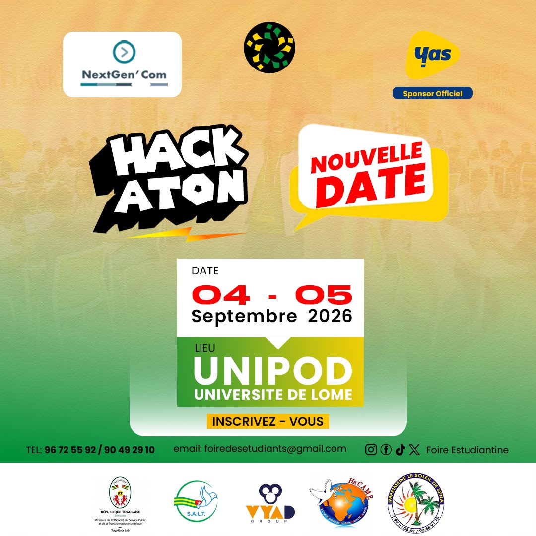 FoireEstudek's tweet photo. C’EST OFFICIEL ! NOUVELLE DATE CALÉE🔥

Le rendez-vous est pris les 04 &amp; 05 septembre 2026. Prépare ton équipe, affûte tes idées et viens montrer ce que tu sais faire. Le Hackathon t’attend !
#togo #Hackathon @LomeAirport @kmnatchaba https://t.co/0lLg1gYccJ