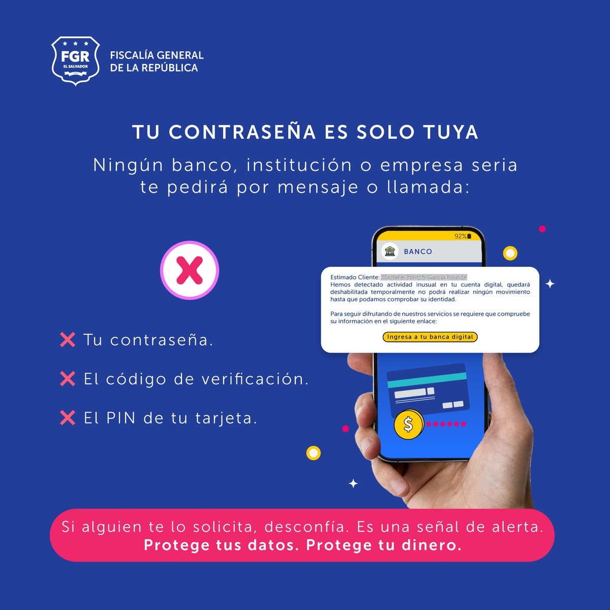 FGR_SV's tweet photo. #QueNoTeEnganchen | No accedas a ningún link 🔗 de números desconocidos 📱⁉️ que prometen darte dinero 💵  en pocos pasos.  ¡No te dejes engañar ❌ !

Bloquéalos 📵 o repórtalos ⚠️ de manera inmediata.

No sabes quién puede estar del otro lado 🕵🏻‍♀️ https://t.co/NpS75QNxyJ