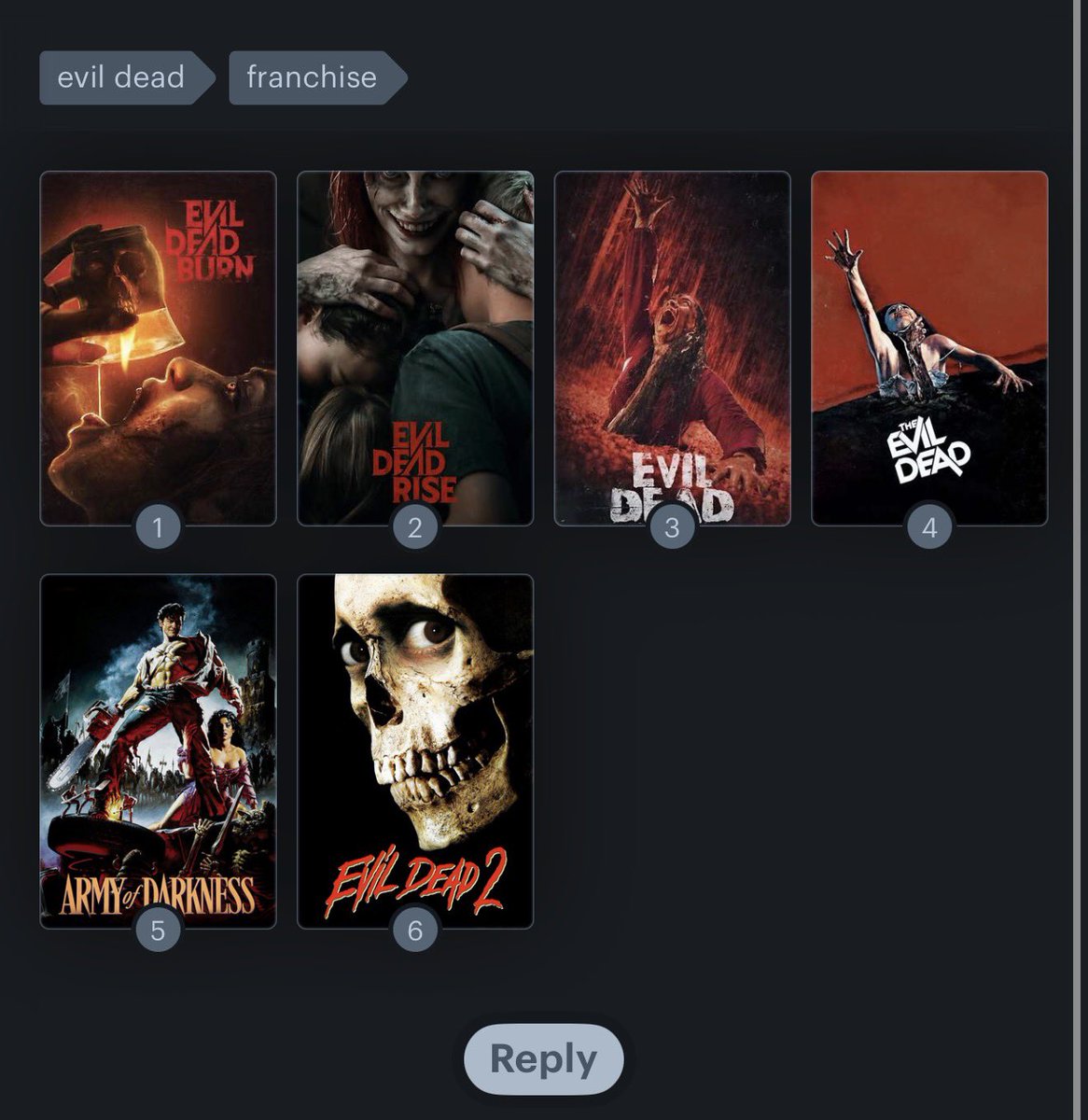 Paiidcj_'s tweet photo. Evil Dead movies Ranked https://t.co/g0ahnaRIPV