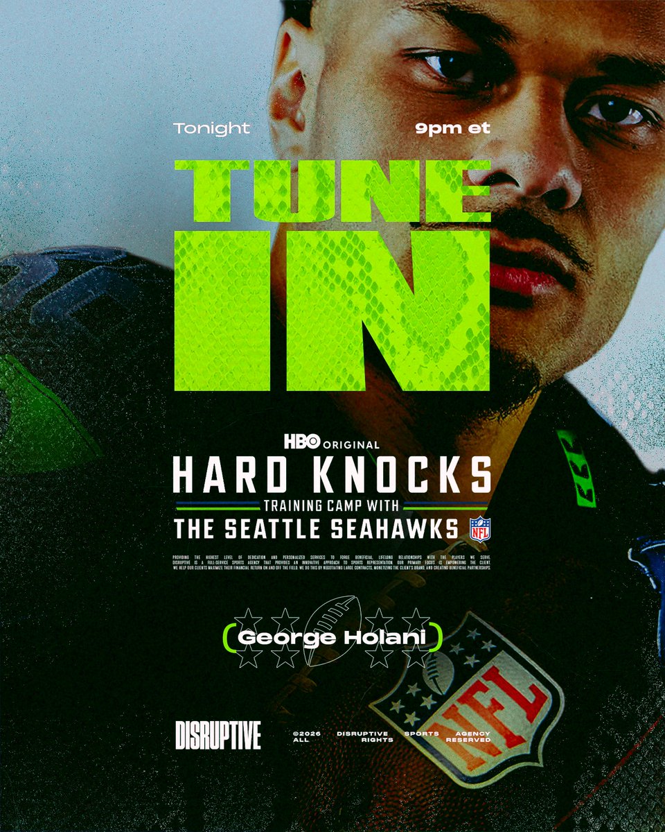 disruptivesport's tweet photo. Tune in TONIGHT to catch @georgeholani and the @Seahawks on Hard Knocks: Training Camp🍿

9pm ET on @hbomax 

#disruptive https://t.co/U7bfkqJxpb