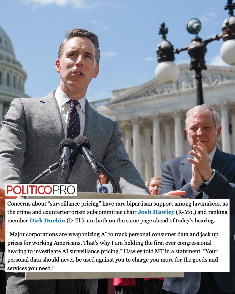 HawleyMO's tweet photo. Your personal data should never be used against you to charge you more for the goods and services you need. 

Today, I am holding the first ever congressional hearing to investigate AI surveillance pricing https://t.co/81rRGr3aDf