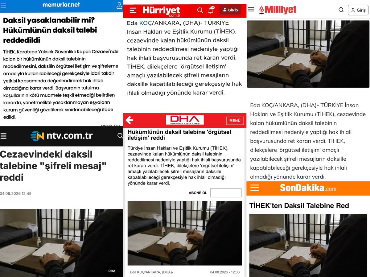 nedakoc's tweet photo. Özel Haber |
Hükümlünün daksil talebine 'örgütsel iletişim' reddi

Türkiye İnsan Hakları ve Eşitlik Kurumu (TİHEK), cezaevinde kalan hükümlünün daksil talebinin reddedilmesi nedeniyle yaptığı hak ihlali başvurusunda ret kararı verdi. TİHEK, dilekçelere 'örgütsel iletişim' amaçlı yazılabilecek şifreli mesajların daksille kapatılabileceği gerekçesiyle hak ihlali olmadığı yönünde karar verdi.

 https://t.co/pHfoAl0m3A