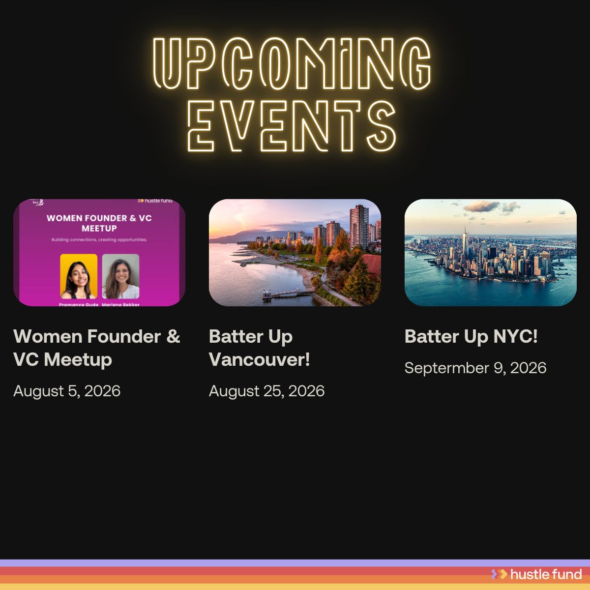 dunkhippo33's tweet photo. Founders + investors! We’ve got three events coming up:

👩‍💼 Women Founder &amp; VC Meetup — Aug 5
⚾ Batter Up Vancouver — Aug 25
⚾ Batter Up NYC — Sept 9

RSVP: https://t.co/Tw02geADxF https://t.co/Yw1w1PFzyf