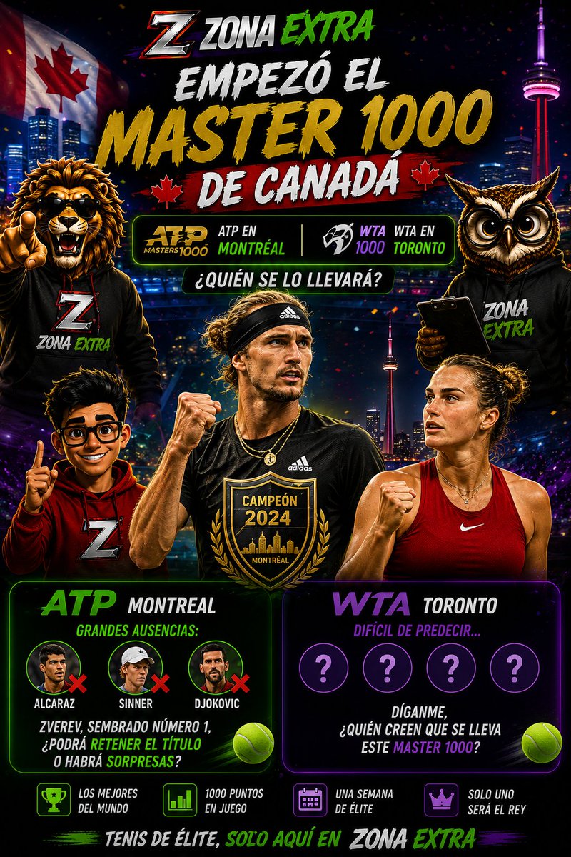 ZonaExtra21's tweet photo. Empezaron los Masters de Canada, ATP Montreal, WTA Toronto. Quien es su favorito?
Con las grandes ausencias de Alcaraz, Sinner y Djokovic, Zverev es el gran favorito para llevárselo, podrá hacerlo?
En la rama femenil, ¿quien es su favorita? https://t.co/kiepYuETys