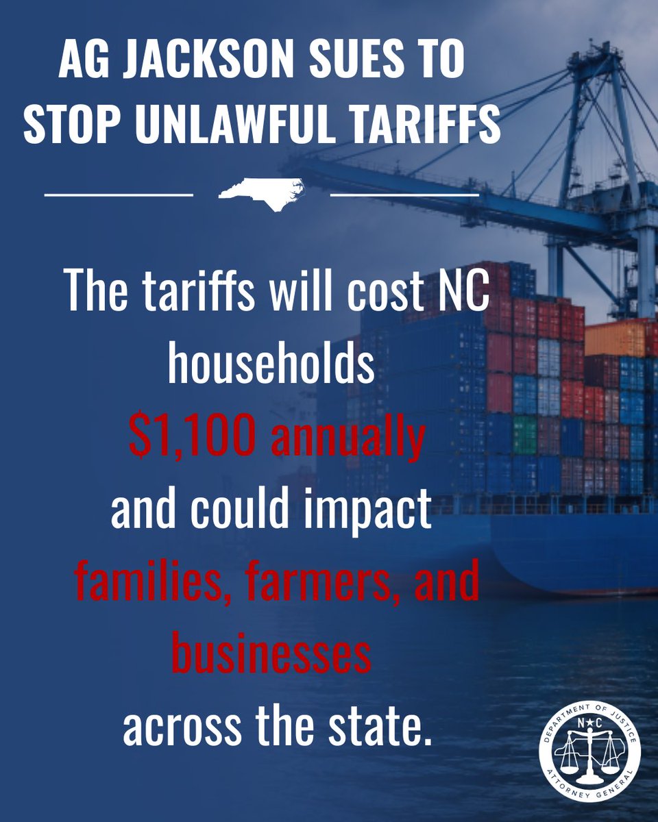 NCAGO's tweet photo. AG @JeffJacksonNC has filed a second lawsuit challenging the federal government's latest attempt to impose permanent tariffs. The unlawful tariffs would cost NC households $1,100 every year and raise costs for families, businesses, and farmers. https://t.co/EEcR4yJEWe https://t.co/IoMUlfG3K4