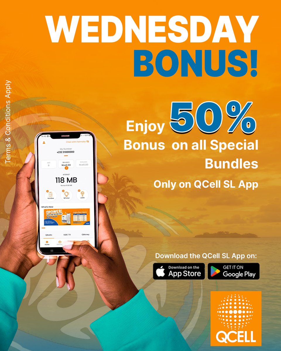 QcellSL's tweet photo. Buy any Special Bundle on the QCell SL App every Wednesday and enjoy an instant 50% BONUS! 🥳🔥
Download the QCell SL App by scanning the QR code or via the Google Play Store.
Stay Connected. Stay with QCell SL.
Visit: https://t.co/2mF1eFO3yG
#QCellSL #SalonePride #QCellSLApp https://t.co/zQwpIyvoMm
