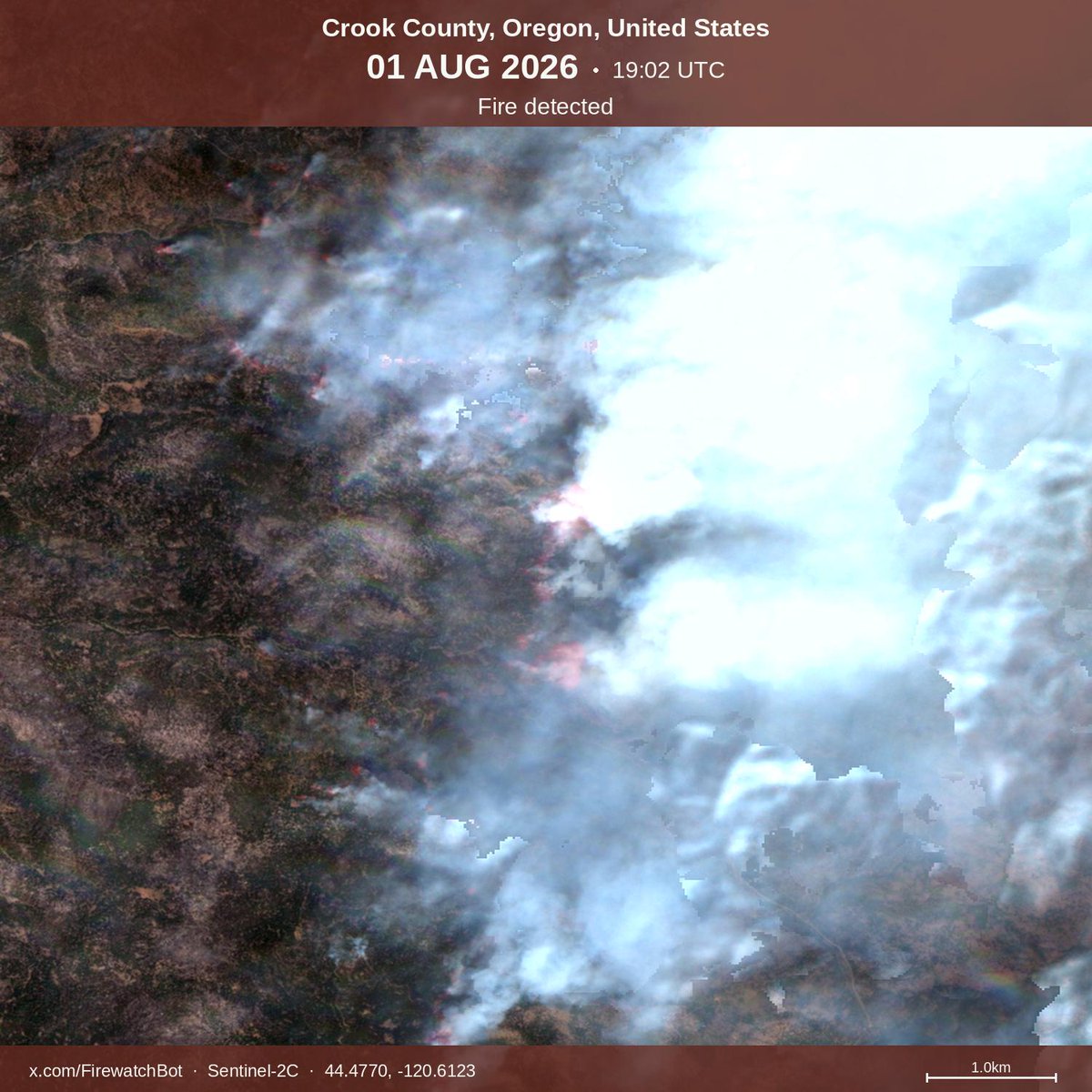 firewatchbot's tweet photo. Fire detected from #Sentinel2

🗺 Place: Crook County, Oregon, #UnitedStates
🕛 Date: 2026/08/01 19:02UTC

View location: https://t.co/eC0iQESUx0 (44.477, -120.6123) https://t.co/q2KdsJHjPC