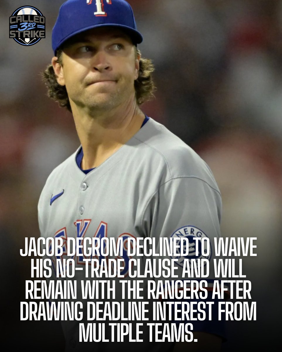 Called3St's tweet photo. The 38-year-old owns a 3.96 ERA with 135 strikeouts in 113⅔ innings this season. “I want to be here, I believe in this group,” deGrom said, reaffirming his desire to help Texas contend.

His decision keeps the Rangers’ ace in place as they attempt to climb back into the AL West race.

#Rangers #JacobDeGrom #MLB #MLBNews #StraightUpTX