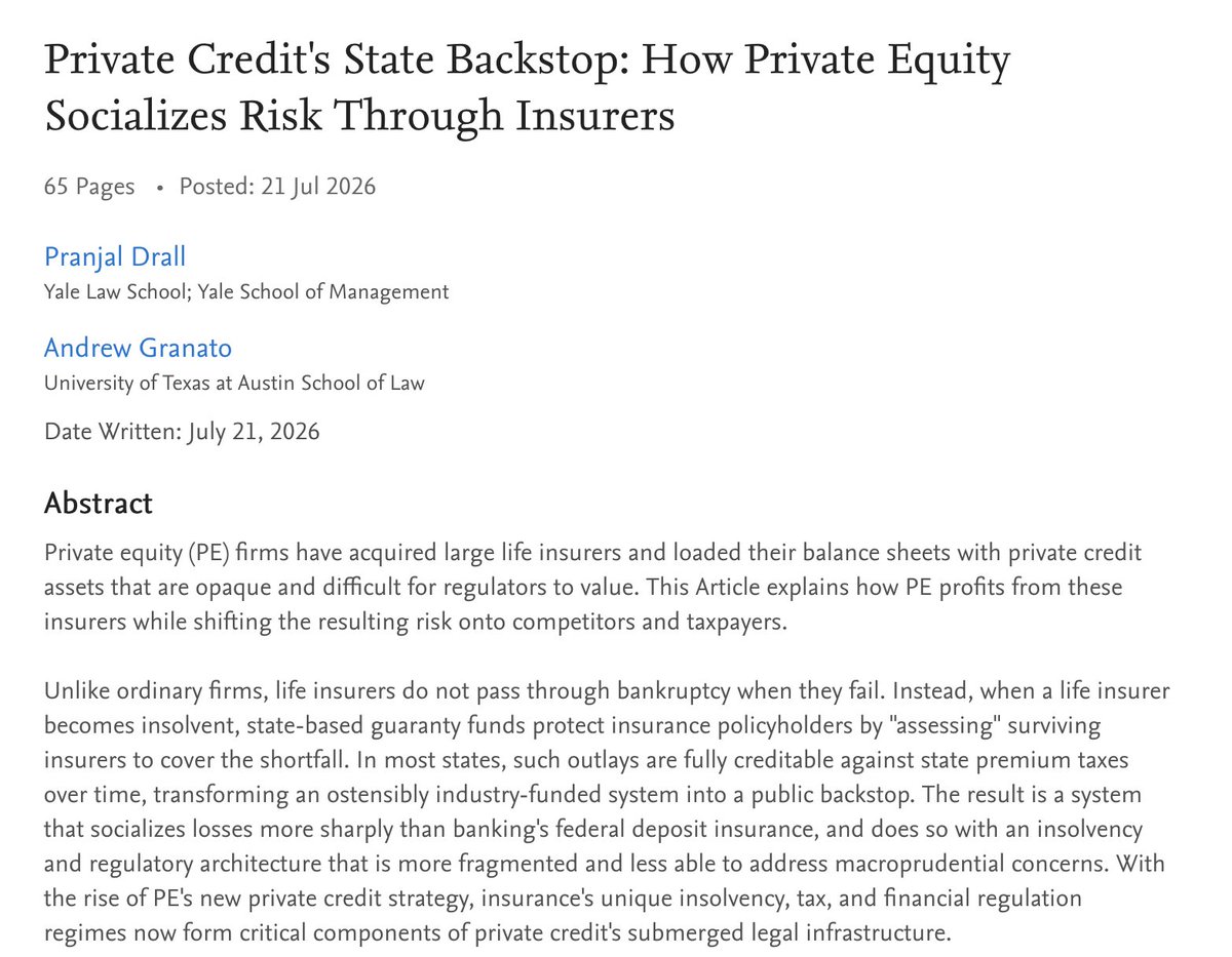 debt_serious's tweet photo. This paper deserves the buzz it created. I fully expected another fearmongering piece of nonsense about private credit, but instead, it was very measured and proposed a really prudent solution for life insurers with PC exposure.

Kudos to @agranato42 @PranjalDrall https://t.co/BJjSQDPsrK
