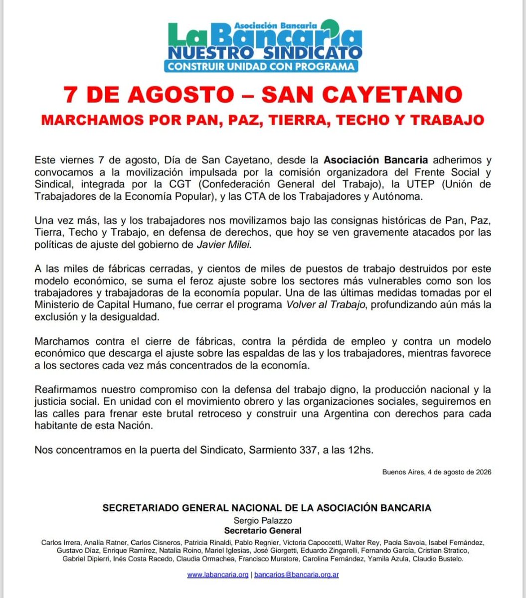 La_Bancaria's tweet photo. 7 DE AGOSTO – SAN CAYEΤΑΝΟ -
MARCHAMOS POR PAN, PAZ, TIERRA, TECHO Y TRABAJO

Desde la Asociación Bancaria adherimos y convocamos a la movilización impulsada por la comisión organizadora del Frente Social y Sindical.

Nos concentramos en Sarmiento 337, a las 12hs. https://t.co/xdetARqd8D