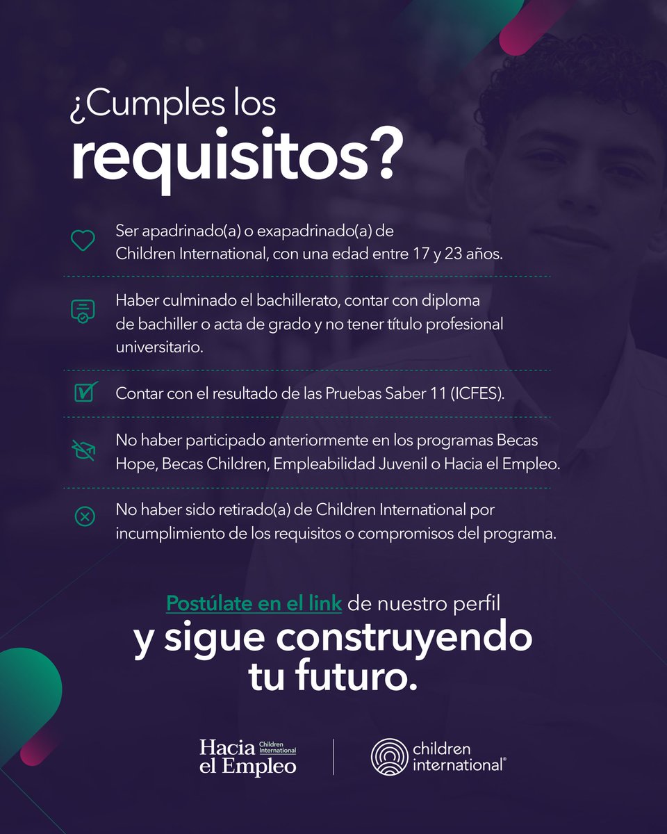 childrenIntCol's tweet photo. 🎓 El colegio fue solo el comienzo.

Da el siguiente paso con Hacia el Empleo y fortalece tu futuro con formación técnico profesional.

Si cumples con los requisitos, postúlate a través del enlace 👉 https://t.co/0plvvzqp7S 

#HaciaElEmpleo #ChildrenInternationalColombia https://t.co/dqsevpyoFH