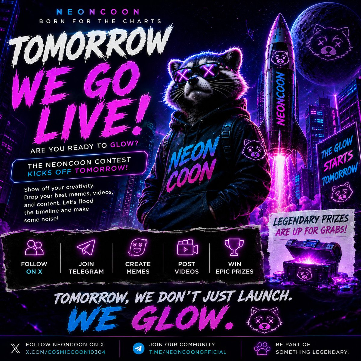 Ab15615Olagunju's tweet photo. 🚨 TOMORROW, WE GO LIVE! 🦝🚀
The countdown is almost over, and the NeonCoon contest kicks off tomorrow! 🔥
If you’ve been waiting for your moment to show your creativity, this is it. Bring your best memes, videos, and energy. Let’s make some noise and show the timeline what the Glow Legion is about. 💜⚡
🦝 Follow NeonCoon on X⁠�
💬 Join the community on Telegram⁠�
Tomorrow, we don’t just launch. We GLOW. 🌌🚀
#NeonCoon #BornForTheCharts #GlowLegion