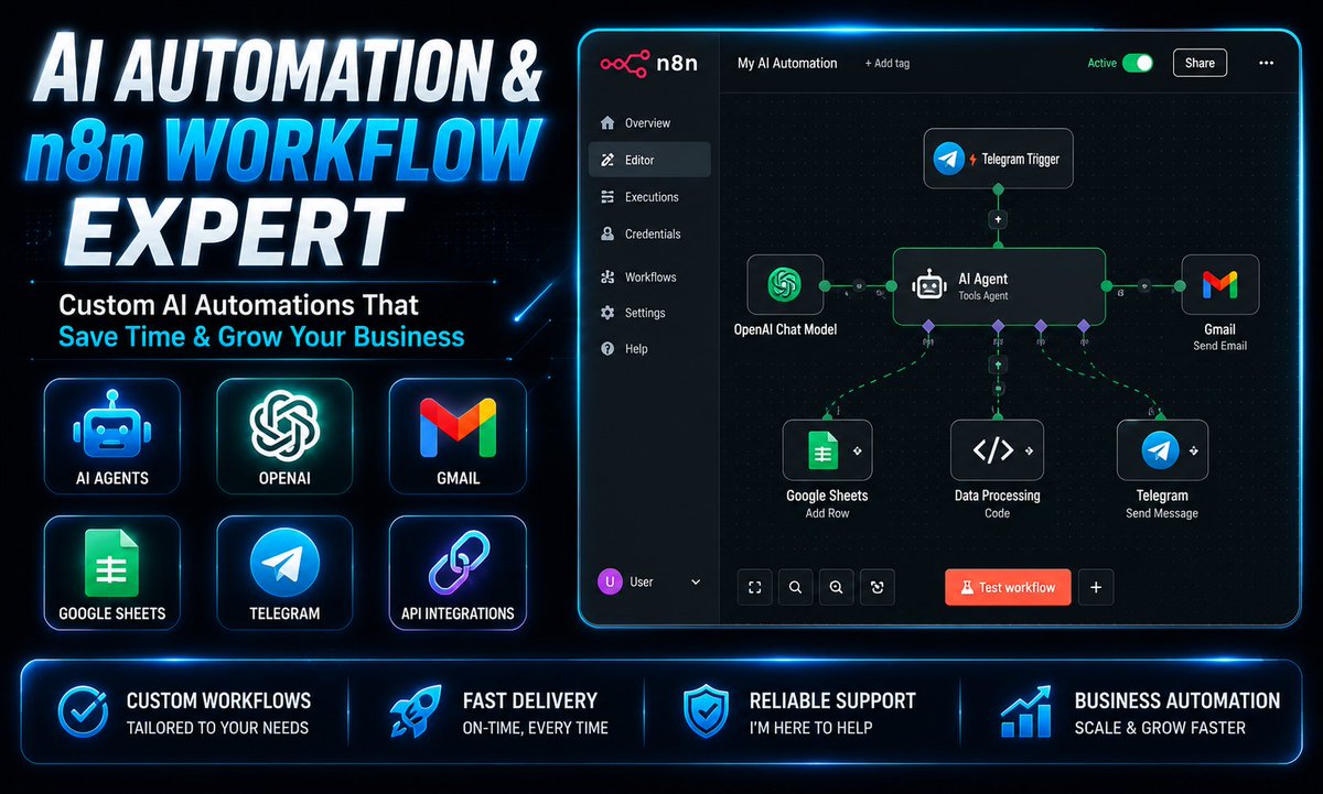ibu_Mibrahim's tweet photo. Some of the automation systems I've been building lately ⚙️

From AI chatbots to full business automation flows — if manual work is slowing you down, this is what the fix looks like.

DM open for custom builds.

#n8n #automation #AIagents https://t.co/bl6xRuXwky