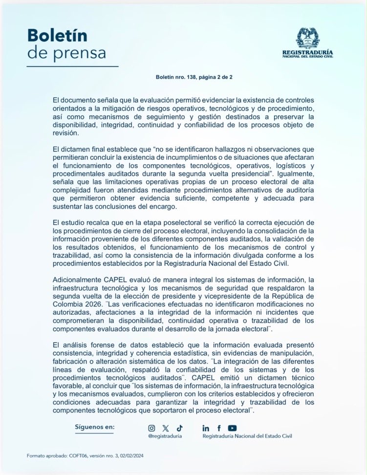 ByViral24's tweet photo. 🔴🇨🇴ATENCIÓN. Auditores internacionales CAPEL y el Instituto Interamericano de Derechos Humanos DESMIENTE las versiones de “Fraude electoral” de @petrogustavo https://t.co/XFRceFY48f