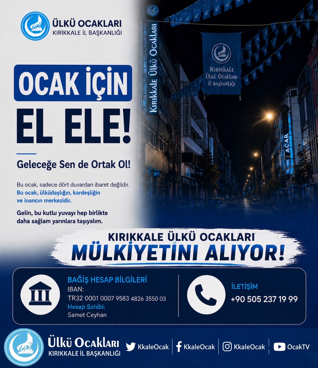 MikailCANTR's tweet photo. Kırıkkale Ülkü Ocakları Mülkiyetini Alıyor!🇹🇷

Ülkü Ocakları Kırıkkale İl Başkanlığı olarak, geleceğe kalıcı bir eser bırakmak için kendi mülkiyetimizi kazandırma hedefiyle çıktığımız bu kutlu yolda desteklerinizi bekliyoruz.

Her bağış; bir umut, bir emek ve yarınlara bırakılacak güçlü bir mirastır. Bugün vereceğiniz katkı, yarın bu ocakta eğitim görecek, yetişecek ve vatanına hizmet edecek nice Türk gencinin yolunu aydınlatacaktır.

Ocak İçin El Ele! 
Geleceğe Sen de Ortak Ol.🇹🇷

📌 Bağış Bilgileri
IBAN: TR32 0001 0007 9583 4826 3550 03
Hesap Sahibi: Samet Ceyhan

📞 İletişim: +90 505 237 19 99

@ayyildirim1