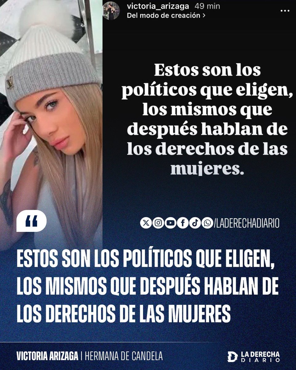laderechadiario's tweet photo. 🚨🇦🇷 | LA HERMANA DE CANDELA ARIZAGA APUNTÓ CONTRA EL KIRCHNERISMO: Victoria Arizaga cuestionó a quienes respaldan a dirigentes como Facundo Moyano y luego se presentan como defensores de las mujeres.

“Estos son los políticos que eligen, los mismos que después hablan de los derechos de las mujeres”.