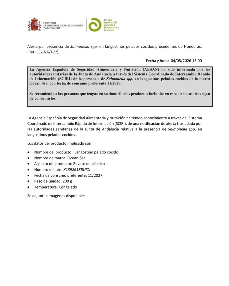 AESAN_gob_es's tweet photo. ⚠️ Alerta por presencia de Salmonella spp. en langostinos pelados cocidos.
🚫 No consumir.
▶️Nombre:  Langostino pelado cocido 
▶️Marca: Ocean Sea
▶️Número de lote: X1392618BUXX
▶️Fecha de consumo preferente: 11/2027
▶️Peso de unidad: 200 g https://t.co/Qj4nTl14CF