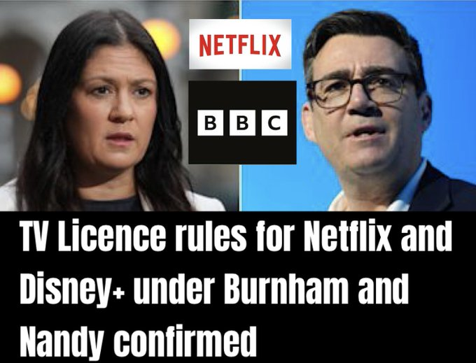 Alexandr4Denman's tweet photo. The British Brainwashing Company ( BBC) has been losing money like a broken damn of late with everyone cancelling their licence fees because they are fed up paying for DEI , lies and being a government controlled mouthpiece .......in comes Nandy and Burnham with their feeble plan to save it they want to now say if you are watching Disney and Netflix you have to have a licence , will you pay ? Thoughts?