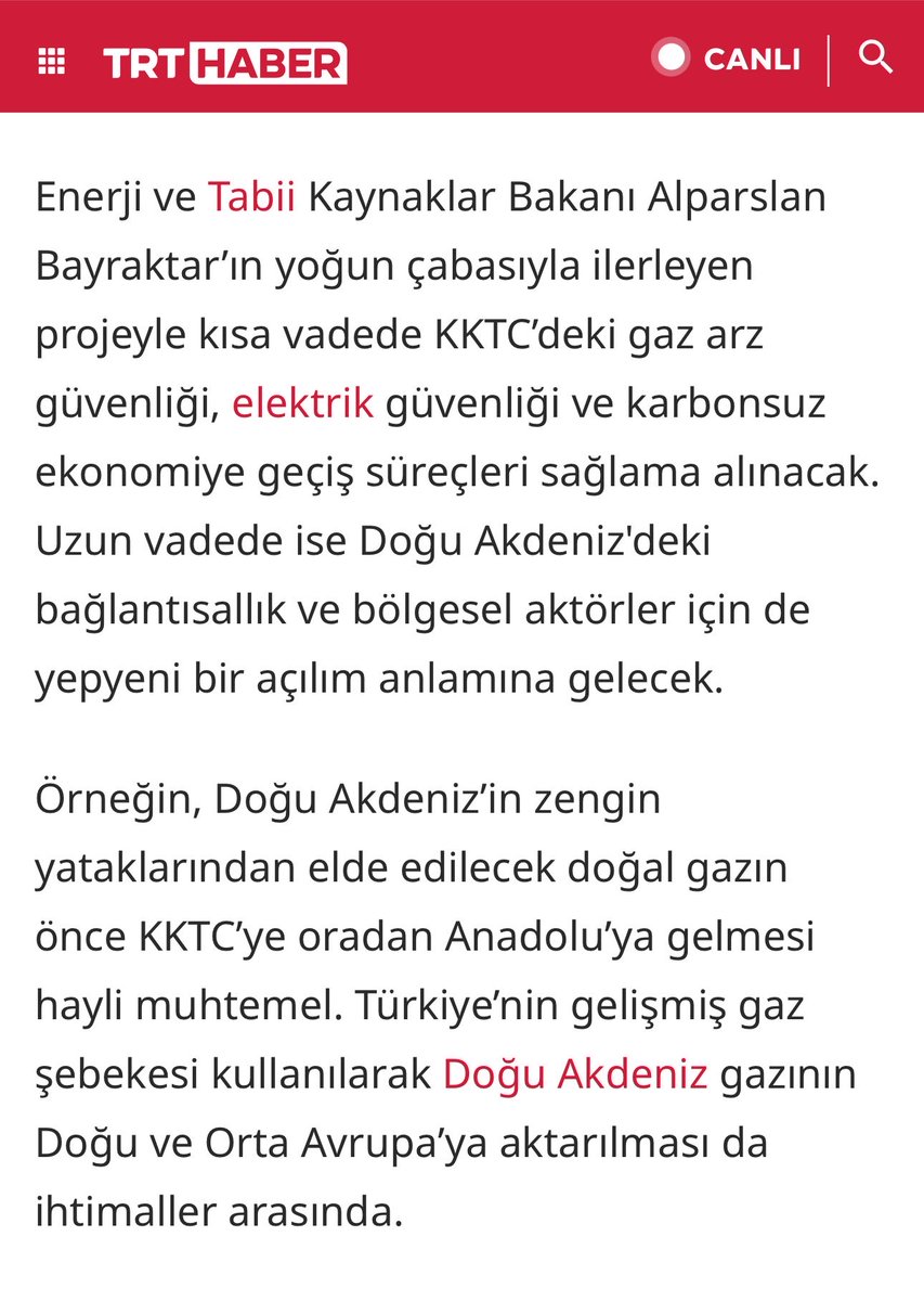 AksanSertac's tweet photo. #KKTC

- Enerji Bakanı Bayraktar, TRT Haber canlı yayınında -

Ada’ya doğalgaz götürüp elektrik üreteceğiz. Bunu yaparken boru hattının kapasitesini yüksek tutacağız. Çünkü Doğu Akdeniz’de bulunacak gazı Anadolu’ya ya da Avrupa’ya buradan taşıyabiliriz. 🚨🚨

✅ Geçen ay yaptığımız haberde bu ihtimalleri detaylıca anlatmış ve ne denli stratejik bir adım olduğundan bahsetmiştik 👇