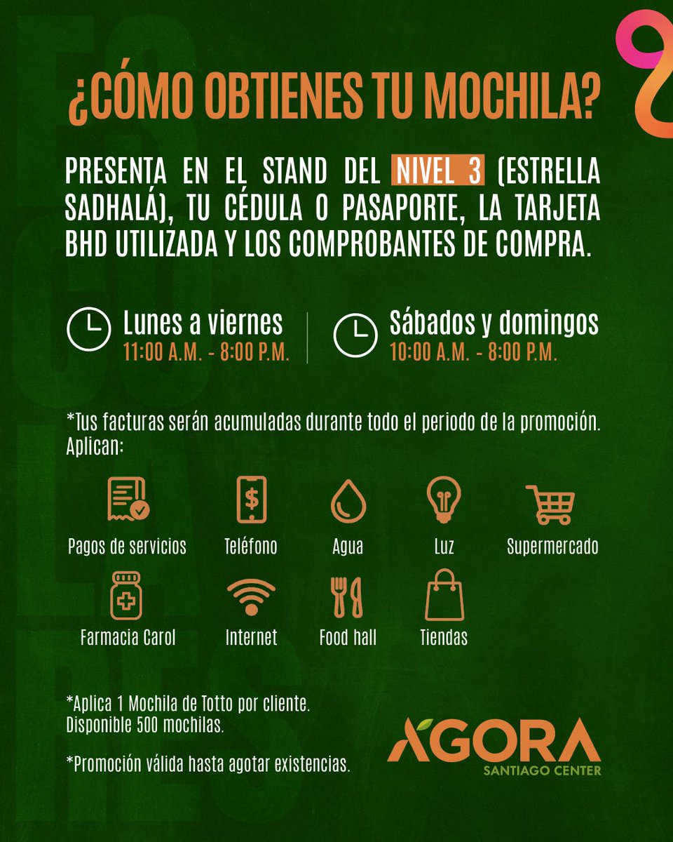 AgoraSantiagoC's tweet photo. 🎒✨ Este Back to School tiene regalo. Acumula RD$12,000 o más con tus Tarjetas BHD y llévate una mochila @TottoDominicana Registra tus facturas en el Nivel 3, Atrio Estrella Sadhala, frente a Zara. Válido hasta el 29 de agosto o agotar existencias. #ÁgoraSantiagoCenter #BHD https://t.co/TLetc3Nk20