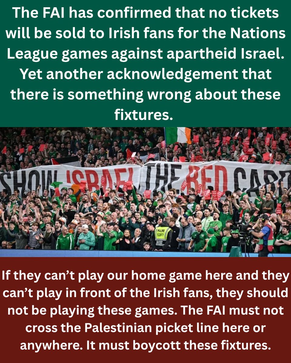 ipsc48's tweet photo. Every move by the FAI around the Nations League games against apartheid Israel is an acknowledgement that there is something wrong with fulfilling them. Israel has murdered 566 Palestinian footballers in its genocide, the FAI must not play these matches. #StopTheGame https://t.co/nVHKLoIuOz