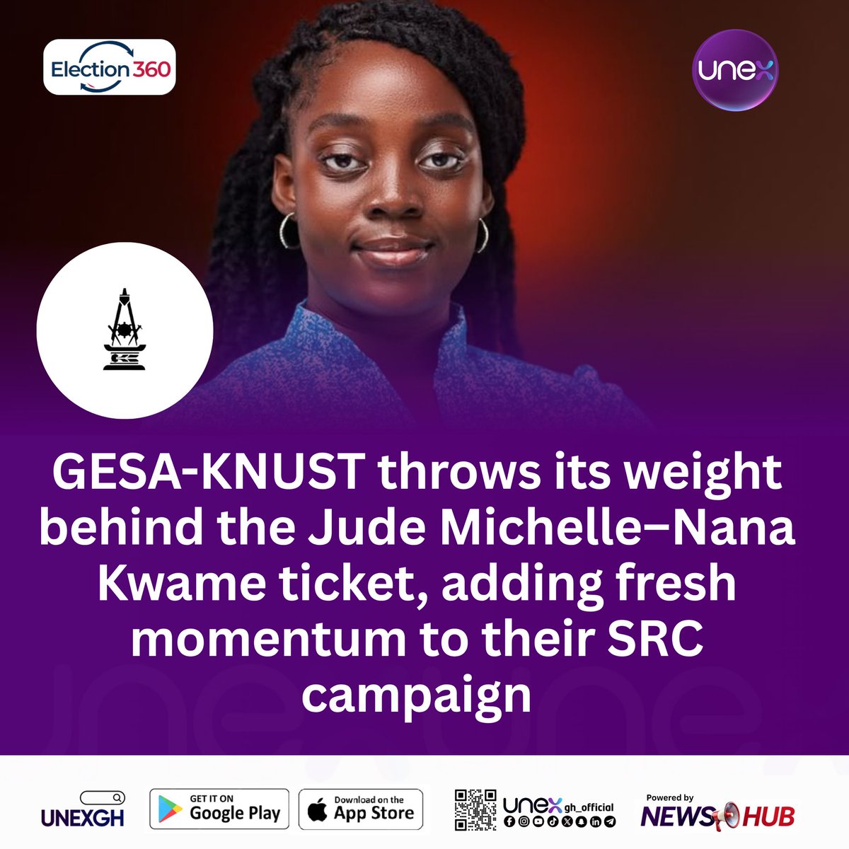 unexgh_official's tweet photo. The Ghana Engineering Students’ Association (GESA), KNUST has thrown its weight behind the Jude Michelle–Nana Kwame Oppong-Antwi ticket, adding more fire to the endorsement wave.
#ELECTION360 #KNUST #UNEXGH https://t.co/PCHDphqh8k