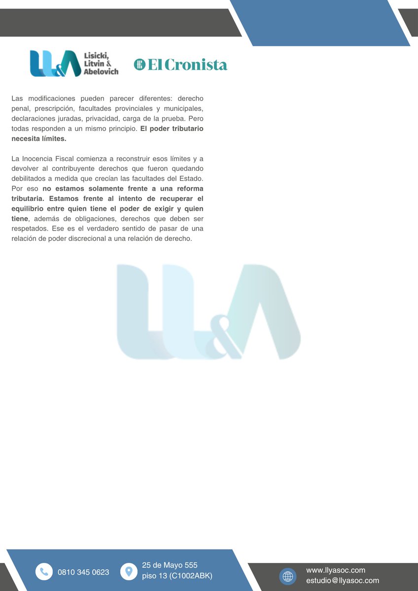 lisickilitvin's tweet photo. 📰 "Cuando el contribuyente deja de ser sospechoso"

En su columna para el @Cronistacom, César Litvin (@CRLitvin), CEO de Lisicki, Litvin & Abelovich, sostiene que la #InocenciaFiscal "pretende modificar la lógica con la que durante décadas se construyó la relación entre el Fisco y el contribuyente".

📖 Leé la columna.