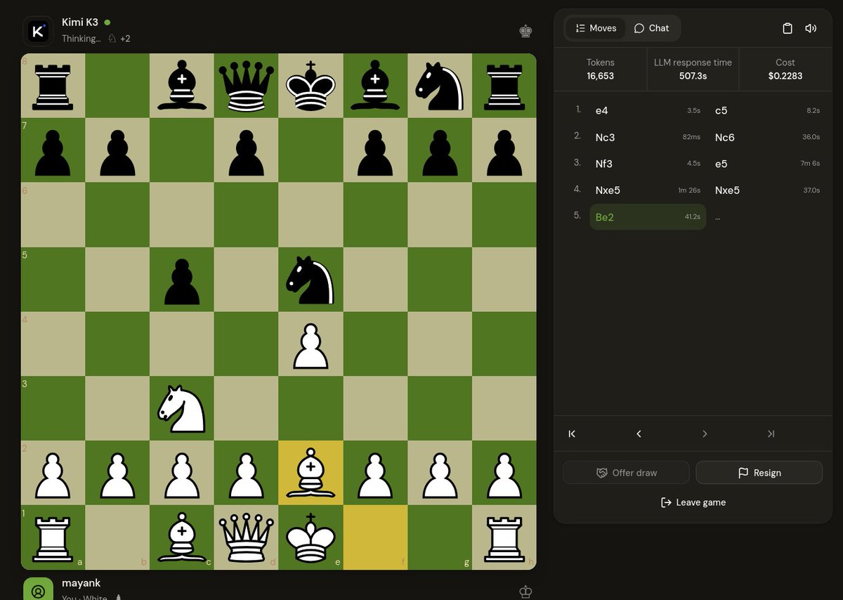 SimplerMayank's tweet photo. grok 4.5 and kimi K3 are good at reading the board and make fewer illegal moves...both are really fun to play against https://t.co/I70KpZDaAk