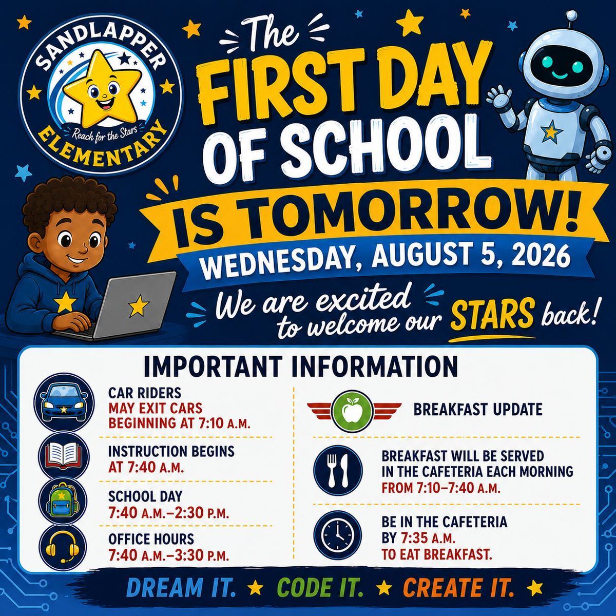 SEstarsR2's tweet photo. 🎉 Tomorrow is the big day! 
Get those backpacks packed and outfits picked out, because the first day of school is TOMORROW, Wednesday, August 5th! 🎒✨ See you in the morning, Star Families!
#SandlapperStars #Richland2 #FirstDayOfSchool #BackToSchool2026 #DreamItCodeItCreateIt https://t.co/b0y6sYnJ5J