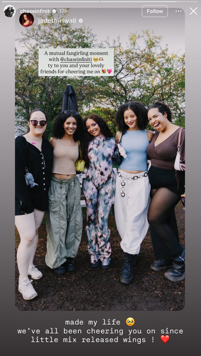 JADEtearoom's tweet photo. Chase Infiniti shares her love for Little Mix and says watching JADE at Lollapalooza “made her life”:

“made my life 🥹 we've all been cheering you on since little mix released wings ! ❤️” https://t.co/Jtp22czOYg