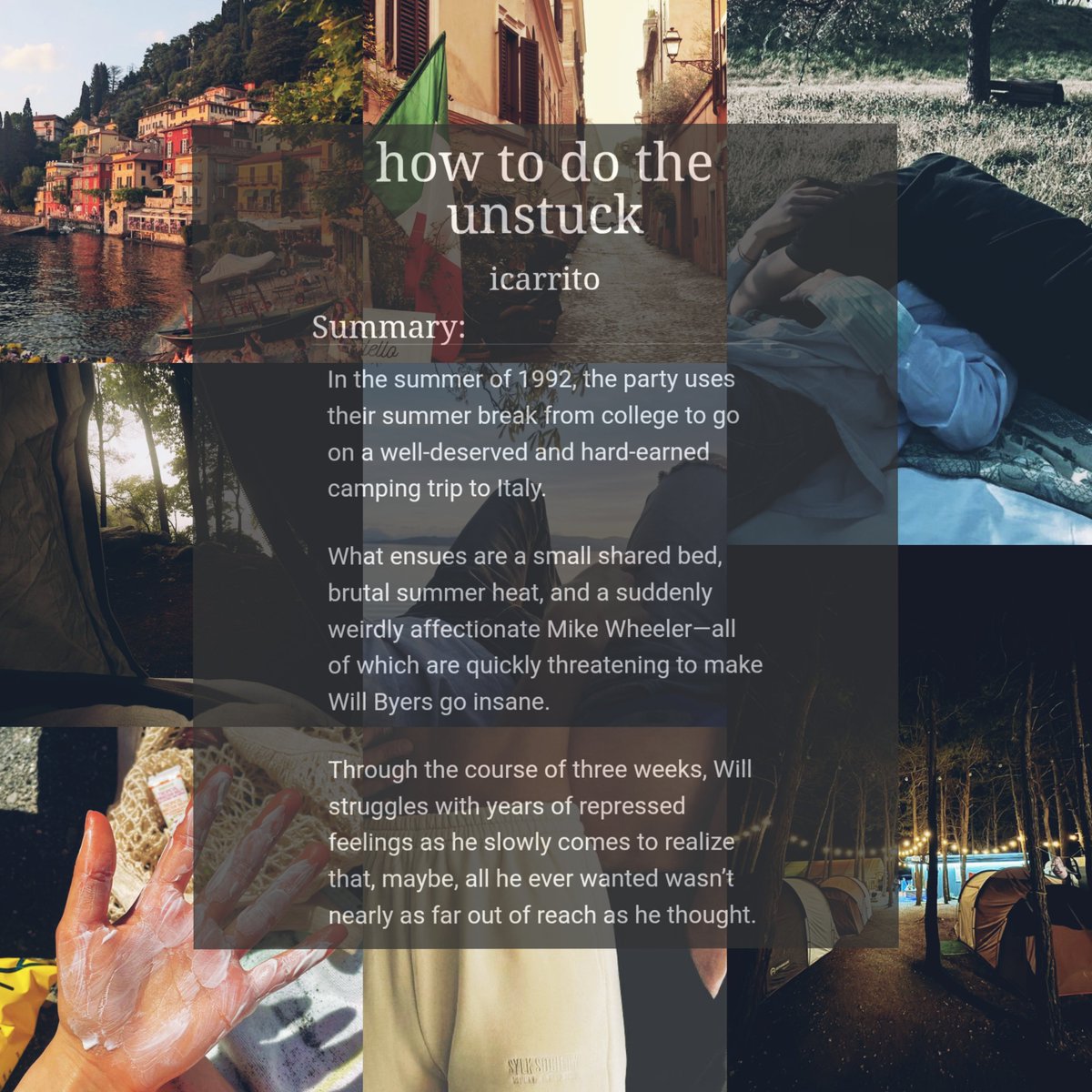 bylero3's tweet photo. how to do the unstuck
@bylerized 

26k words, 5/23 chapters 
Rated Explicit 

🇮🇹 summer camping in italy 
🇮🇹 there was one bed
🇮🇹 slow burn
🇮🇹 so much sexual tension https://t.co/RmuYe2oN7I
