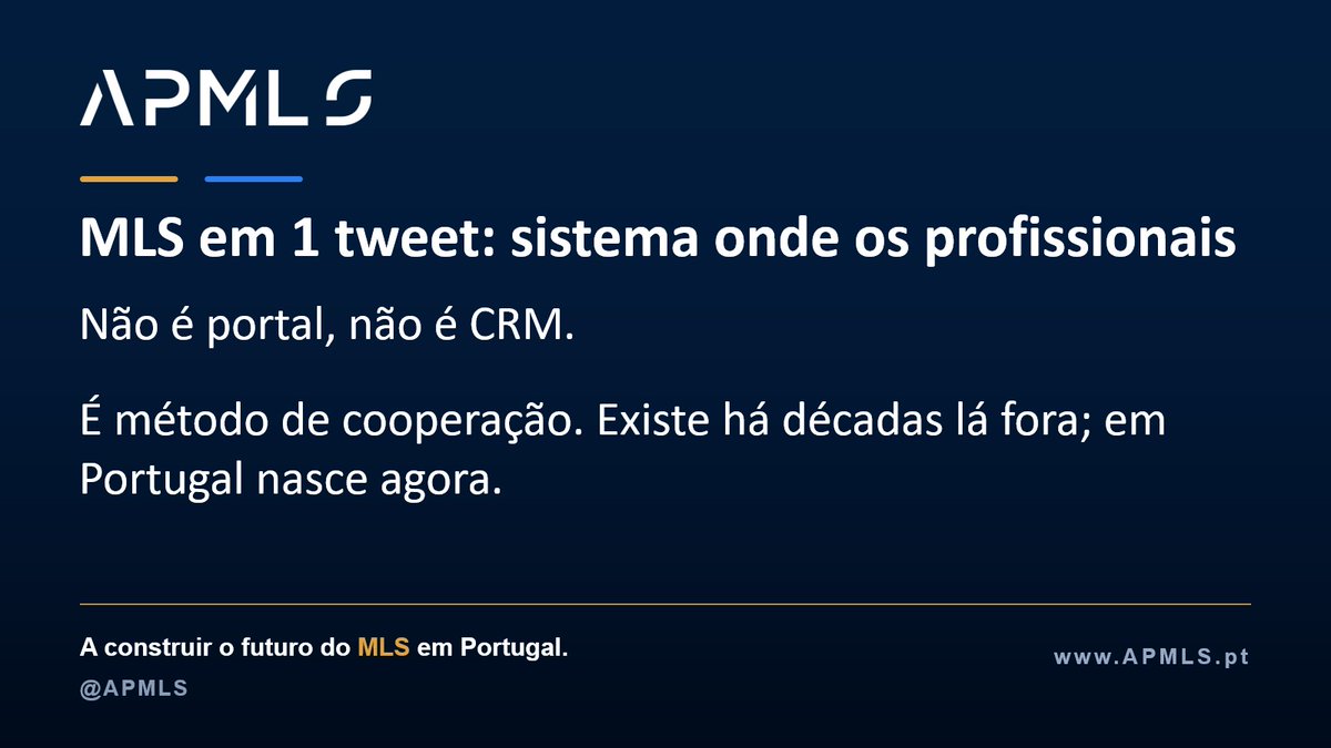 AP_MLS's tweet photo. MLS em 1 tweet: sistema onde os profissionais partilham imóveis com regras comuns.

Não é portal, não é CRM.

É método de cooperação. Existe há décadas lá fora; em Portugal nasce agora. https://t.co/HUoBMzvjwc