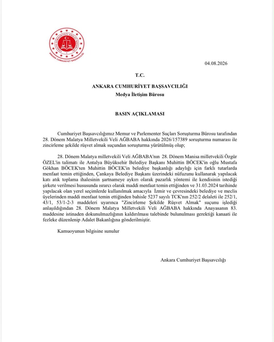 doganburak29's tweet photo. SON DAKİKA!
Ankara Cumhuriyet Başsavcılığı, Özgür Özel ve Veli Ağbaba hakkında zincirleme şekilde rüşvet almak suçundan fezleke hazırlayarak Adalet Bakanlığı’na gönderdi. https://t.co/D1NwI0cl0t