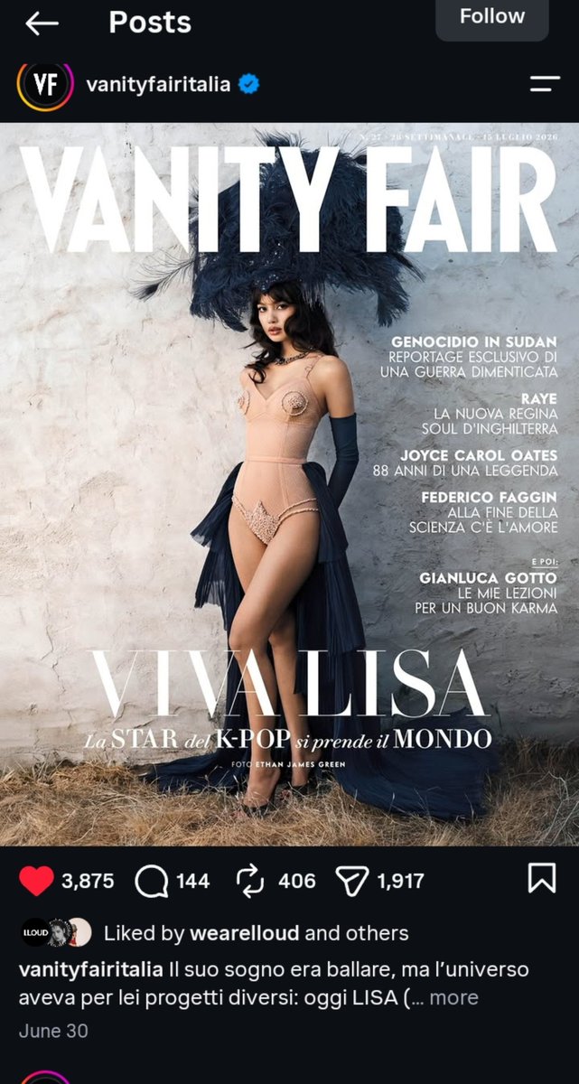 M_27_97's tweet photo. Vanity Fair Italia Instagram account:
#LISA #LISAxVanityFair #VanityFairIT
#LALISA @wearelloud @VanityFairIt
https://t.co/7TOz4DqqHo https://t.co/8F8ewHWtP9