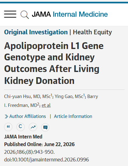 JAMAInternalMed's tweet photo. In a national cohort, Black living kidney donors with #APOL1 high-risk genotypes had more than twice the risk of reduced kidney function nearly 20 years after donation, supporting genotyping for better risk stratification. https://t.co/GsGIDAe419 https://t.co/7nCjDqBjWi