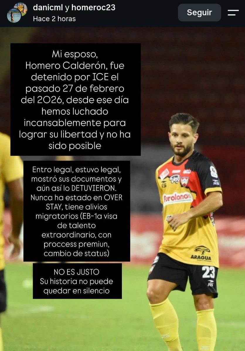 josequero_'s tweet photo. DETENIDO POR EL ICE FUTBOLISTA VENEZOLANO HOMERO CALDERON 

Según publicación en instagram hecha por su esposa, está detenido desde el día 27 de febrero del 2026, a pesar de tener sus documentos en regla. https://t.co/qHYfLTf6FP