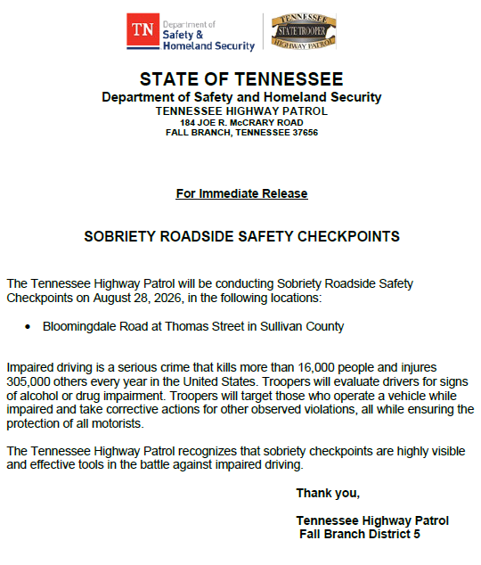 THPFallBranch's tweet photo. 🔶Please see the notification below regarding an upcoming checkpoint in the Fall Branch district. #BoozeItAndLoseIt #DriveHighGetADUI https://t.co/lqMTpYkClG