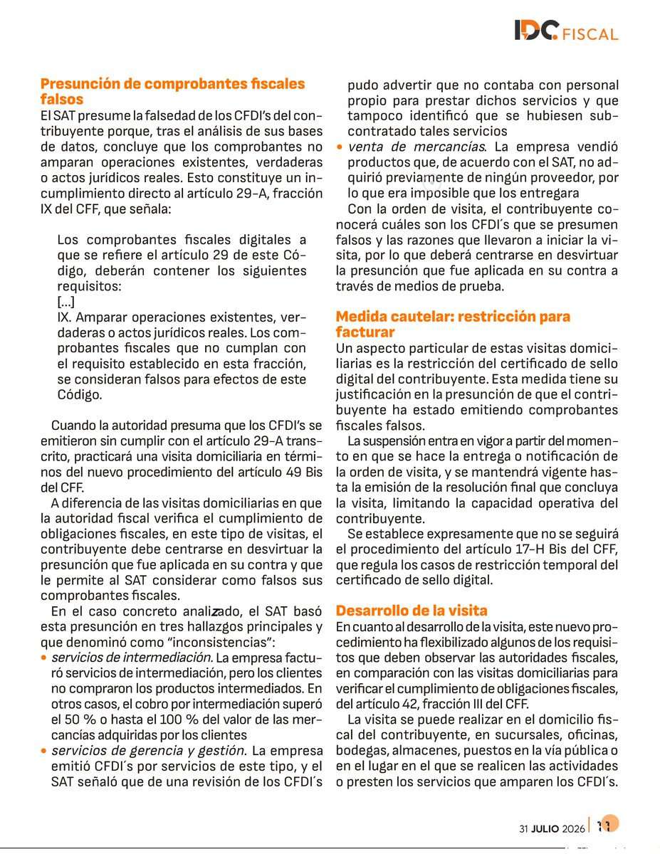 LuisPerezdeAcha's tweet photo. El SAT está realizando una nueva modalidad de visitas domiciliarias, con plazos cortos y consecuencias graves para los constribuyentes: que sus comprobantes fiscales sean declarados falsos. 
▶️ En este artículo publicado por @IDConline analizo esta nueva facultad del SAT. https://t.co/D5ndBGnCUm