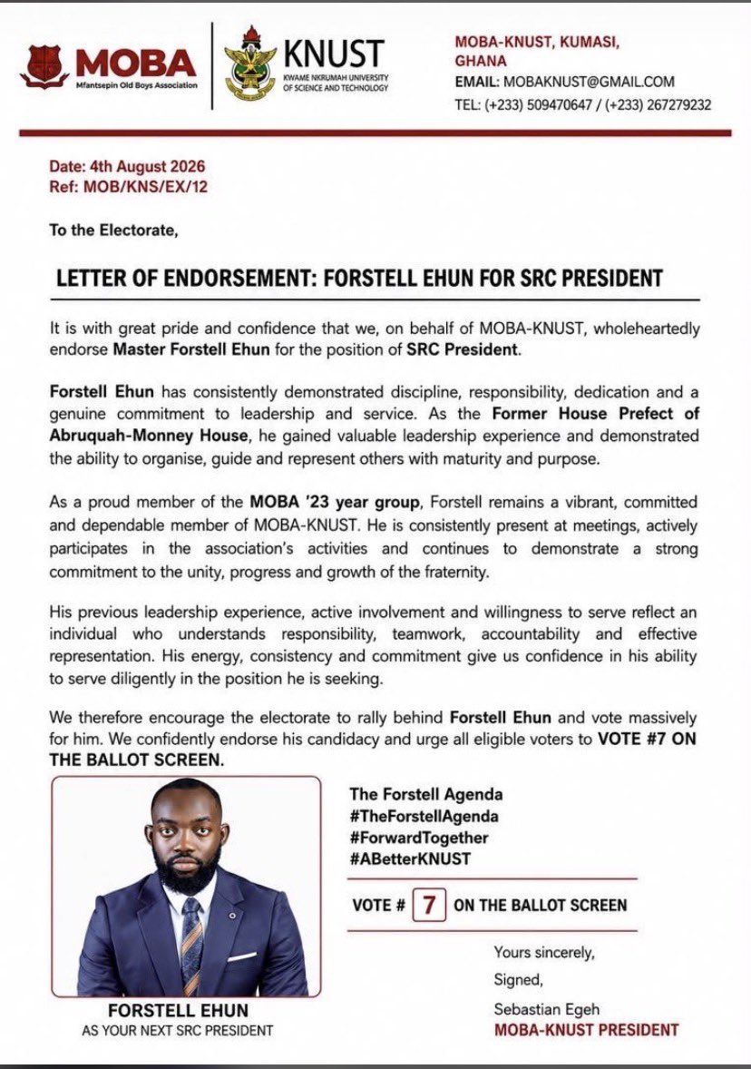 DebwouyWalinky7's tweet photo. The MOBA fraternity endorses Forstell Ehun to be the next SRC President of KNUST ❤️🫴🏾
#TheForstellAgenda #MOTION2.O #IRONBOY https://t.co/h56LbXQLEf