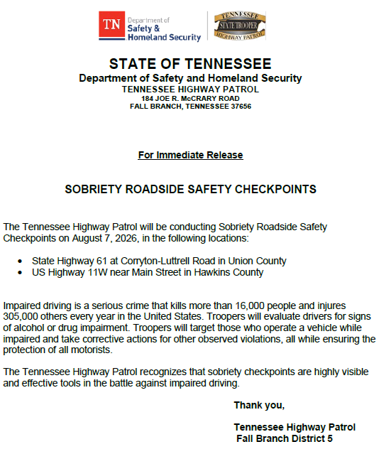 THPFallBranch's tweet photo. 🔶Please see the notification below regarding an upcoming checkpoint in the Fall Branch district. #BoozeItAndLoseIt #DriveHighGetADUI https://t.co/ZPOkszT8hh