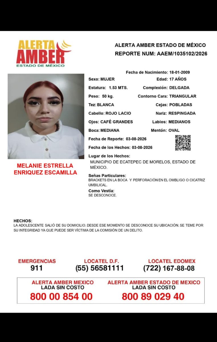 El_Universal_Mx's tweet photo. 🚨 Se activa Alerta Amber en el Estado de México por la desaparición de Melanie Estrella Enríquez Escamilla, de 17 años; fue vista por última vez el 3 de agosto en Ecatepec de Morelos.

Si cuentas con información que ayude a localizarla, comunícate al 911 o a los números de la Alerta Amber. Comparte.