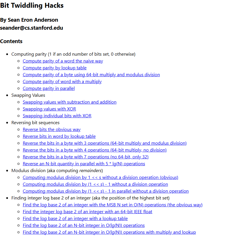 TrisH0x2A's tweet photo. Sean Eron Anderson collected hundreds of bit manipulation tricks into a single page

many of them became classic techniques used in compilers game engines operating systems and performance-critical code

one of the best resources for low-level bit hacks ever put together https://t.co/mGAgIcpIxC