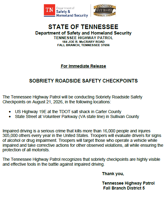 THPFallBranch's tweet photo. 🔶Please see the notification below regarding an upcoming checkpoint in the Fall Branch district. #BoozeItAndLoseIt #DriveHighGetADUI https://t.co/dhSPyJR3AQ