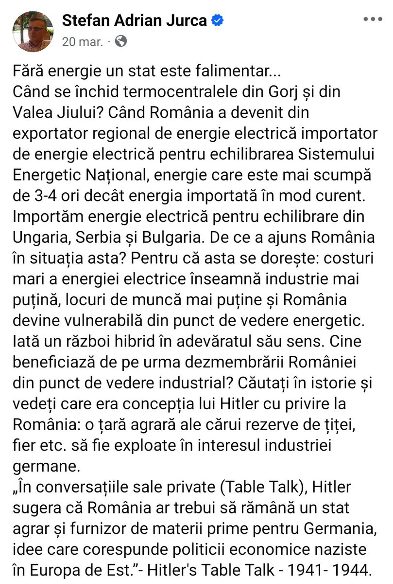 adrianavbalint's tweet photo. Totul a fost PREMEDITAT! 

Cum e posibil ca un prieten de pe fb, Stefan Adrian Jurca, inginer minier, să scrie zeci de postări de-a lungul timpului în care a prevăzut la milimetru tot ce s-a întâmplat cu Sistemul Energetic Național și guvernanții să vină acum și să se scarpine sub braț ca maimuța că nu știau, nu credeau, nu au nicio vină? NU A FOST INCOMPETENȚĂ, A FOST TRĂDARE ȘI SUBMINAREA A ECONOMIEI NAȚIONALE! Ani la rând, de la Băsescu încoace, PNL-PDL mereu la cârma energiei.

Ia uitați ce scria Stefan Adrian Jurca pe  29 aprilie 2025 si va las capturi de ecran si cu alte postări de-ale lui, mare atenție la data la care le scria:

"În 2003 România a fost foarte aproape de un ,,black- out", o cădere a sistemului energetic național. Dunărea avea un debit foarte mic și exista riscul opririi Centralei de la Cernavodă. Accentul a fost pus pe funcționarea Termocentralei de la Paroșeni, vitală pentru SEN, care asigura pe atunci serviciile de sistem în baza cărora energiei electrice din SEN îi erau asigurați parametrii necesari pentru a putea fi transportată. O importanță imensă a avut și Termocentrala Mintia și termocentralele din cadrul Complexului Energetic Oltenia. Termocentralele pe cărbune sunt vitale, asigură aceste servicii de sistem fără de care energia provenită din parcurile eoliene și fotovoltaice ar fi inutilă. Nu întâmplător comuniștii au construit Termocentrala Paroșeni lângă Mina Paroșeni iar după 1989 au investit în ea polonezii și japonezii. Cărbunele este singurul combustibil care se poate folosi pe orice anotimp, nu necesită locuri speciale pentru a fi depozitat și poate fi folosit foarte rapid și ușor pentru producerea de energie electrică, atenție, la parametrii constați. După instaurarea guvernului Boc a început distrugerea sistematică a SEN ( sistemul energetic național) prin legi care au subvenționat energia provenită din parcurile eoliene și fotovoltaice și distrugerea termocentralelor. Suntem singura țară din Europa care ne-am distrus sistematic SEN și de la o producție internă de aproximativ 22.000 Mgwh în 1989 am ajuns la 5500 Mgwh și pentru a ne asigura consumul suntem nevoiți să importăm. Pe scurt: în Portugalia, Spania și o parte a Franței asta s-a întâmplat, sistemul energetic nu a putut acoperi serviciile de sistem pentru a putea regla energia electrica produsă de către parcurile eoliene și cele fotovoltaice. Ce învățăm noi din criza asta? Nimic, uitați-vă atent la Burduja și la cei care ne conduc, o dau înainte cu ,,Green Deal-ul". În anul 2003 costurile unui ,,black out" erau aproximate la 2 miliarde de dolari, fără a lua în calcul pierderile consumatorilor casnici. "

Și ia uite ce scria în 29 septembrie 2021‼️‼️‼️acum 5 ani:

"Bună dimineața România!
V-ați gândit vreodată ce face România în cazul unui ,,blackout"? Cum se repornește? Din păcate nici guvernanții nu se gândesc la așa ceva. Spun asta în condițiile în care guvernul a lăsat Termocentrala Paroșeni fără cărbune iar Termocentrala Mintia a închis-o. Costurile unui ,,blackout " pentru România au fost estimate ultima oară, pe vremea lui Ceaușescu, la circa 2 miliarde de dolari, da, ați citit bine. Interconectarea României cu țările din jur este precară și învechită. Am depinde enorm de Ucraina ( Doamne ferește) și de Bulgaria. O situație mai mult decât critică a fost în anul 2003, când SEN era să cadă. Cotele Dunării au scăzut, Centrala de la Cernavodă nu mai putea funcționa iar Porțile de Fier I și II funcționau la un minim istoric. Atunci, România a realizat cât de importante au fost investițiile japonezilor și polonezilor la Termocentrala Paroșeni și în Minele Vulcan și Paroșeni dar și în Preparația Coroiești. Practic, puteai extrage cărbunele la câțiva km de termocentrală.
Din păcate timpul a trecut, politica energetică a României a mers spre dependența față de Ungaria și Ucraina, iar noi românii să devenim cât mai săraci. Așa au înțeles guvernele corupte ale României: că sistemul energetic național trebuie distrus."
